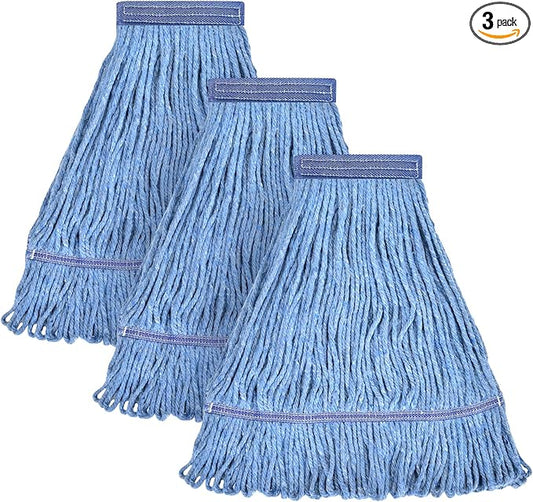 Matthew Cleaning Heavy Duty Mop Head Commercial Replacement for General and Floor Cleaning , Wet Industrial Blue Cotton Looped End String Head Refill (Pack of 3) Blue