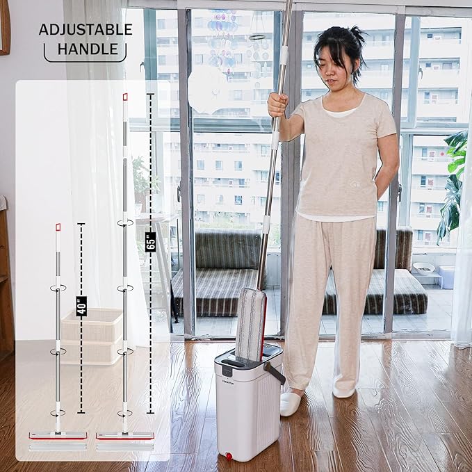 Mop and Bucket Set, Flat Mop and Bucket System with Separate Dirty and Clean Water, 3-Compartment Wall Cleaner Mop, Flat Mops for Floor Cleaning with 4 Microfiber Pads