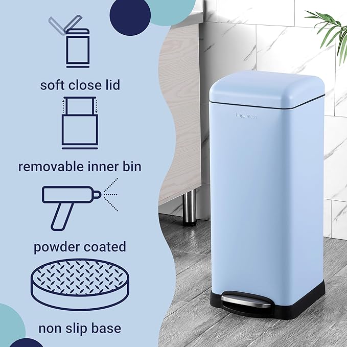 happimess HPM1007I Betty Retro 8-Gallon Step-Open Trash Can, Fingerprint Resistant, Modern, Minimalistic for Home, Kitchen, Laundry Room, Office, Bedroom, Bathroom, Tide Pool Blue