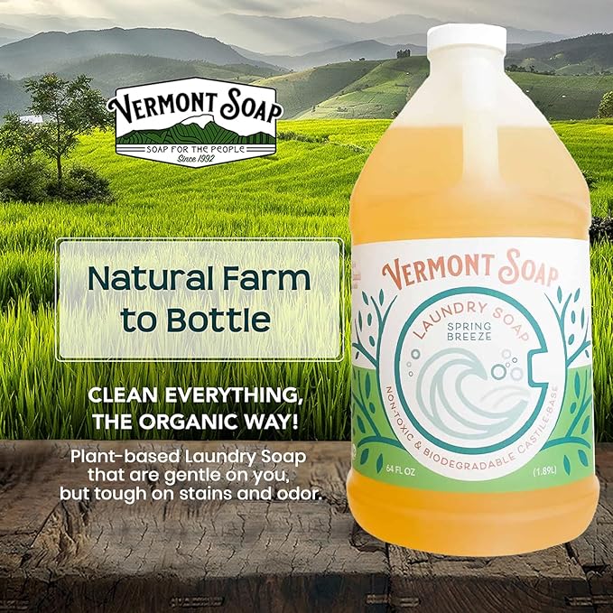 Vermont Soap Laundry Detergent, Laundry Soap, Natural Laundry Detergent Liquid, Baby Detergent, washing — Spring Breeze, 64 Fl Oz