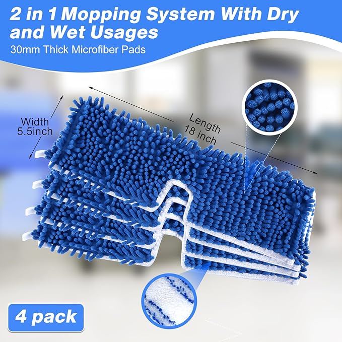 Mop Refills Compatible with O-Cedar Dual-Action Flip Mop,Microfiber & Chenille Double-Sided Mop Head,Resuable Replacement Mop Heads for All Surface Cleaning,Pack of 4