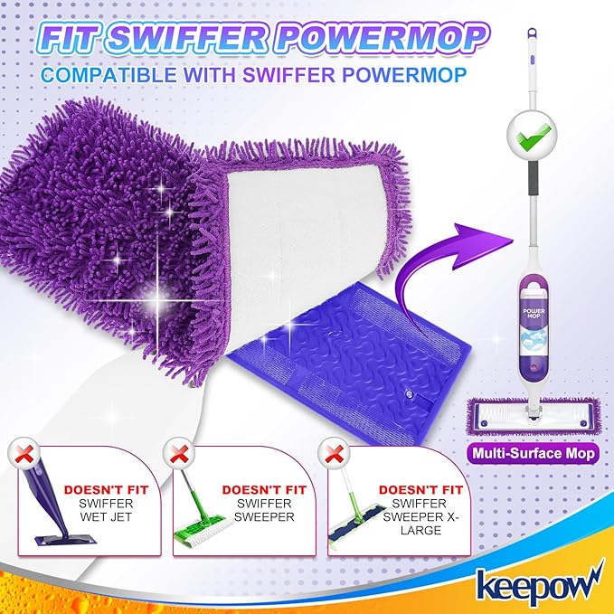 KEEPOW 10 Pack Reusable Mop Pads Compatible with Swiffer PowerMop, Microfiber Mop Pads Refills Machine Washable, Durable, and Highly Absorbent Suitable for All Floor Types