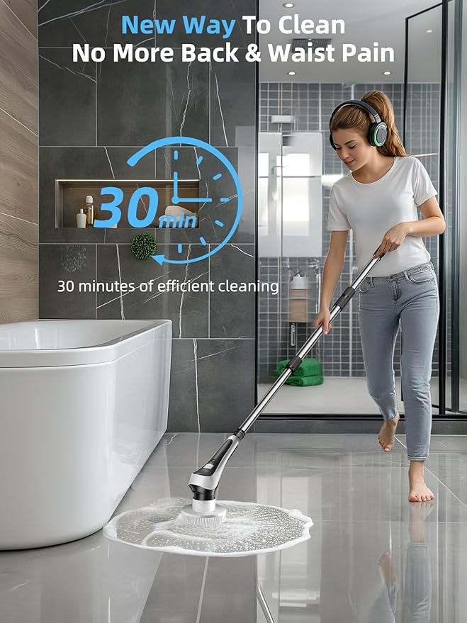 Electric Spin Scrubber,Cordless Shower Scrubber with Power Display Screen,IP68 Waterproof Bath Cleaning Brush,Adjustable Extension Handle & 2 Speeds,Electric Cleaning Brush for Bathroom,Kitchen,Tub