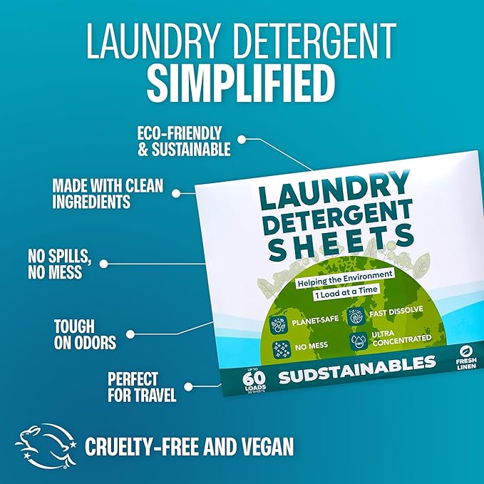 Sudstainables Laundry Detergent Sheets 60 Loads – Dissolvable Laundry Sheet for Washing Machines, Compact Alternative to Liquid & Powder Detergent, Travel-Friendly Soap | Fresh Linen