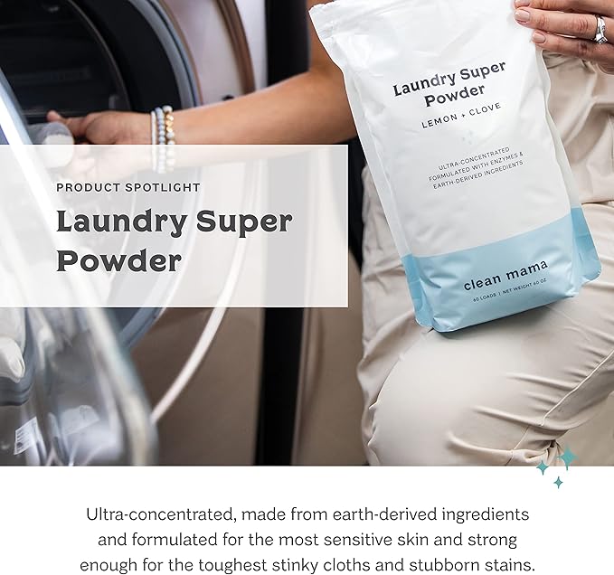Clean Mama Laundry Super Powder Detergent - Extra Strength Laundry Detergent Powder - Natural Laundry Detergent for Sensitive Skin - Enzyme Powered, Fights Stains & Odors - Sweet Mint, 60 Loads