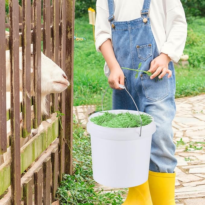 4 Gallon Plastic Food Storage Bucket with Metal Handle, Food Grade Round Pail with Lid, White, 4 Packs