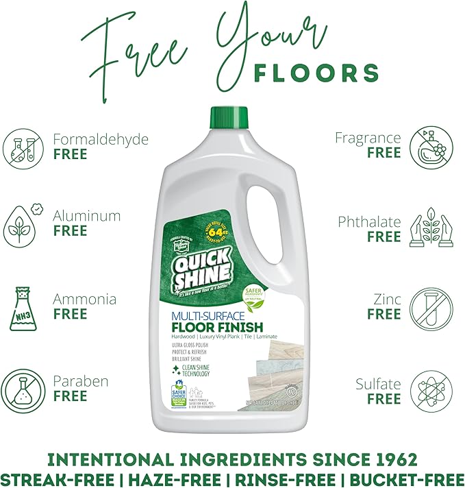 Quick Shine Multi Surface Floor Finish 64oz | Cleaner & Polish to use on Hardwood, Laminate, Luxury Vinyl Plank LVT, Tile & Stone | Safer Choice w/Clean Shine Technology | Shine-Protect-Refresh