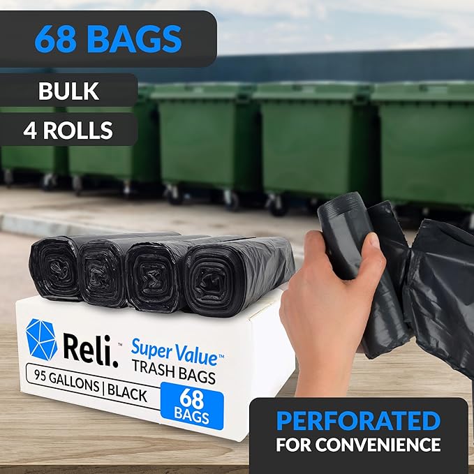Reli. 95 Gallon Trash Bags Heavy Duty | 68 Trash Bags | Super Sizeable, Black, Garbage for Serious Cleanup