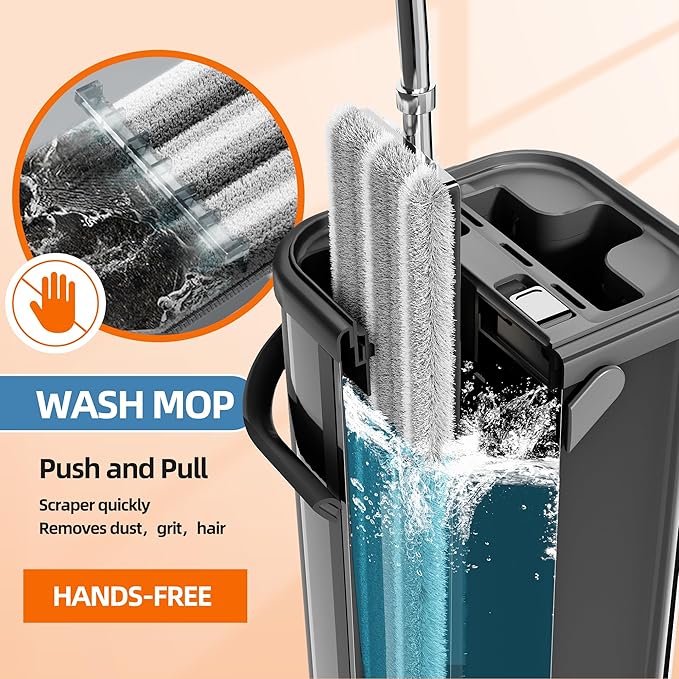 Flat Mop and Bucket for Home with Extra Refills, Stainless Steel Mop and Bucket with Wringer, Hands-Free Mop, Wet and Dry Use Mop with Long Handle (Black)