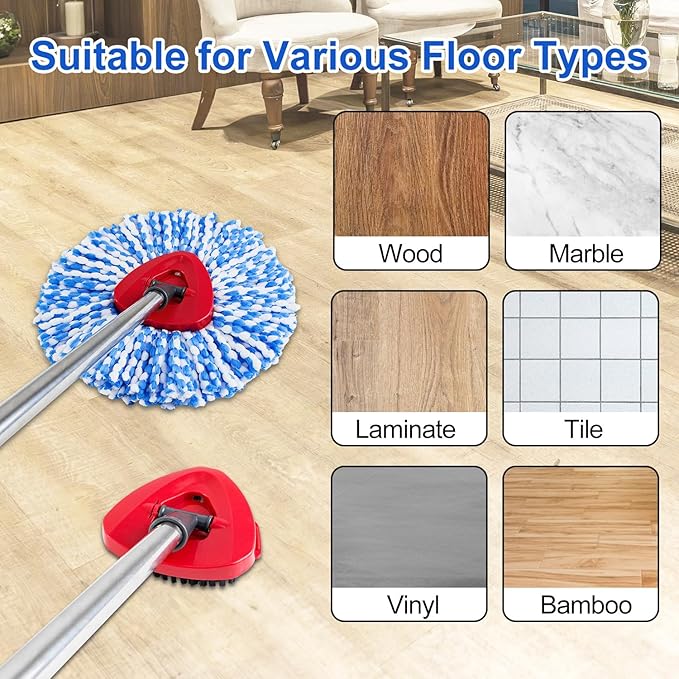 Spin Mop Handle Mop Heads and Base Replacement Sets Compatible with O Cedar EasyWring Rinseclean 2 Tank System, Flexible & Reusable(1 Sets Stainless Steel Handle & 2 Refills & 1 Base & 1 Scrub Brush)