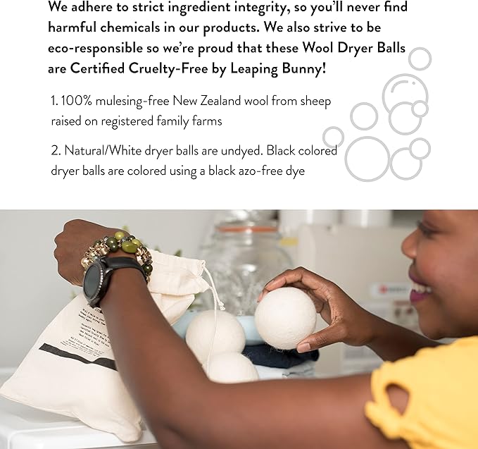 Molly's Suds Wool Dryer Balls | XL, Premium Organic Fabric Softener, Hypoallergenic, Hand-Felted, Reusable, Reduce Drying Time | Black, Set of 6