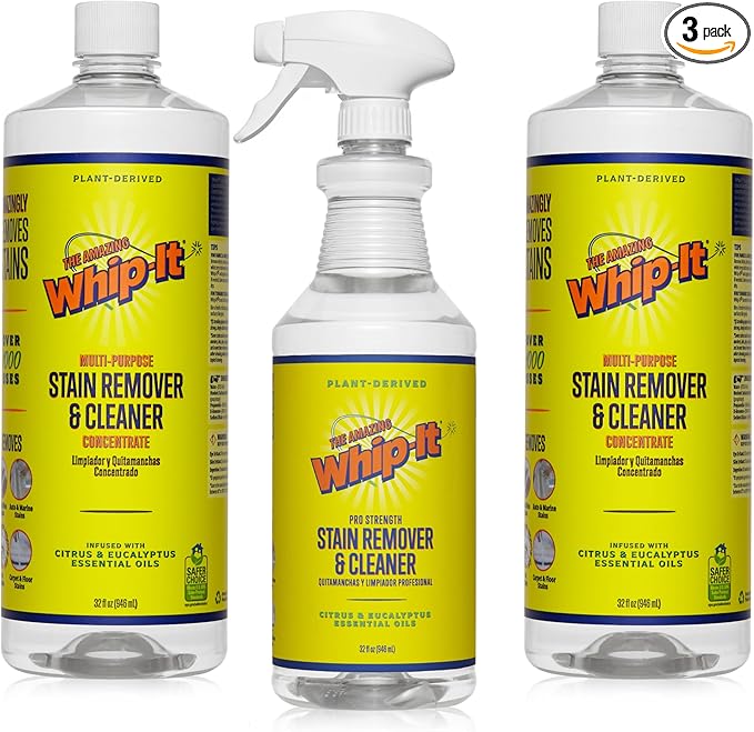 Whip-It Stain Remover and Concentrate Kit, 2-32oz Concentrates & 1-32 OZ Pro Spray Stain Remover, Makes 64 Bottles, Removes Coffee, Wine, Baby Stains, Pet Stains, Plant Based, Enzyme Cleaner, 500 Uses