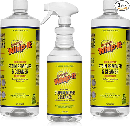Whip-It Stain Remover and Concentrate Kit, 2-32oz Concentrates & 1-32 OZ Pro Spray Stain Remover, Makes 64 Bottles, Removes Coffee, Wine, Baby Stains, Pet Stains, Plant Based, Enzyme Cleaner, 500 Uses