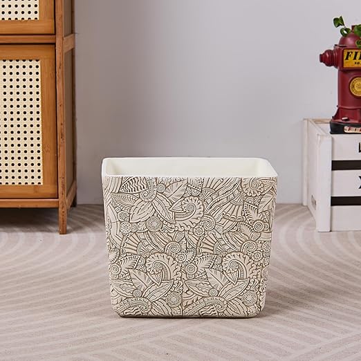 Rustic White Tropical Leaves Carved Small Bathroom Trash Can 2.5 Gallon(9 Liter), Resin Heavy Sturdy Kitchen Garbage Can,Living Room Bedroom Trash Can, Decorative Wastebasket for Home, Garden, Office