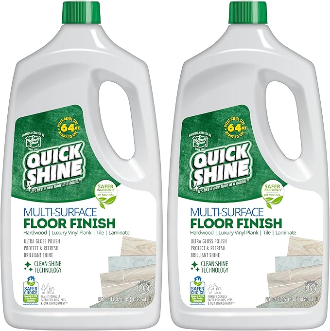 Quick Shine Multi-Surface Floor Finish-Polish 64oz-2pk | Safer Choice, No PFAS, pH Neutral Clean Shine Technology | Squirt & Spread | For Wood, Laminate, LVP, LVT, Tile & Stone | Made in USA