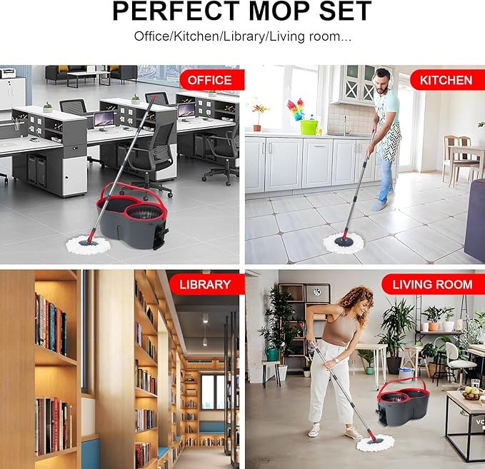 360° Spin Mop and Bucket Set Quick-Dry Technology,Mop and Bucket with Wringer Set for Home & Kitchen,Wet/Dry Floor Cleaning Kit with 4 Microfiber Mop Heads & Adjustable Handle