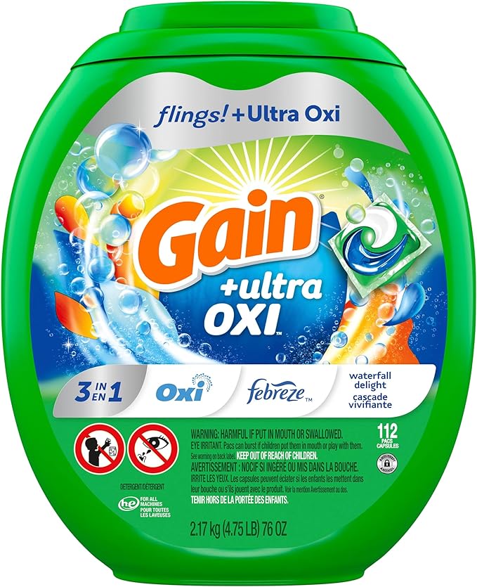 Gain flings Ultra Oxi Laundry Detergent Pacs, 112 Count, Waterfall Delight Scent, 3-in-1, HE Compatible