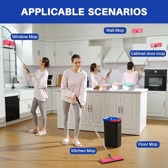 JOYMOOP Mop and Bucket Set for Home, Hands-Free Self-Cleaning System, with 3 Reusable Microfiber Mop Pads, Suitable for Floor Cleaning and Wall Cleaner - Black+Red+Slate Blue
