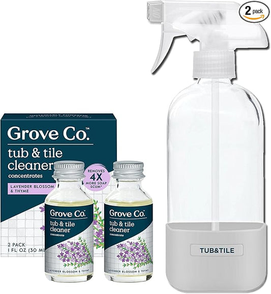 Grove Co. Tub and Tile Cleaner Refill Concentrate (2 x 1 Fl Oz) + 1 x Reusable Glass Spray Bottle (16 Oz) Plant-Based Cleaning Supplies Bundle, No Plastic Waste, Lavender & Thyme Scent