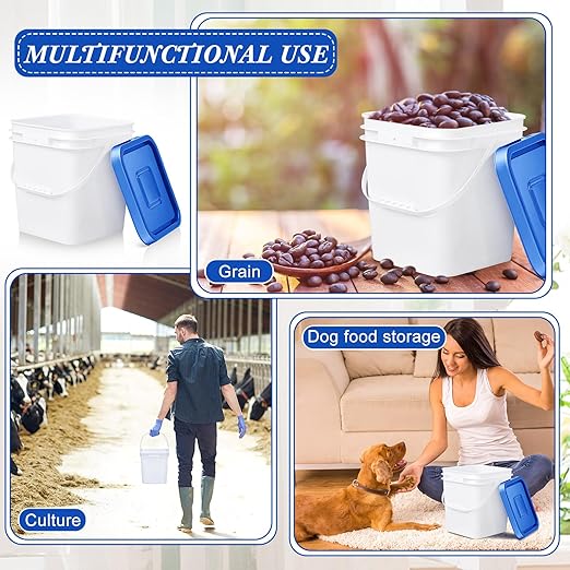 Mumufy 5 Pcs 3.5 Gallon Square Food Grade Bucket with Lid Square Bucket Pail with Plastic Handles for Storing Dry Food, Charcoal, Camping, Fishing (Blue Lid)
