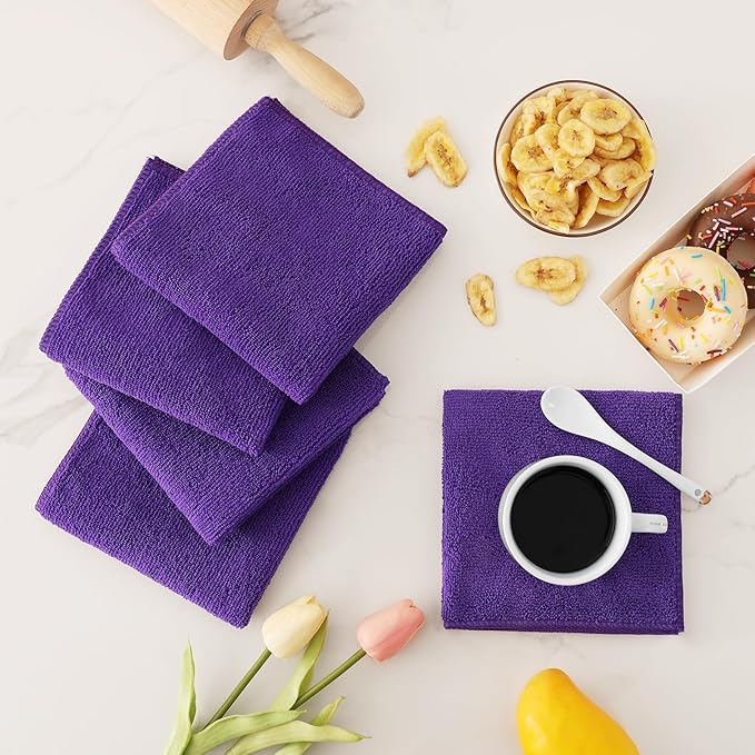 Kitinjoy 24 Pack Microfiber Cleaning Cloth(12 x 12 Inches, Purple), Ultra Soft and Absorbent Cleaning Rags, Reusable and Non-Linting dust Removal Cleaning Cloths for Car, House, Kitchen