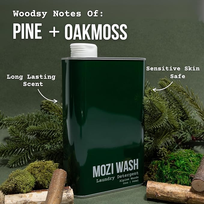 Mozi Wash Laundry Detergent Liquid, Alpine Woods- Sandalwood, Pine & Patchouli, 50+ Loads, Concentrated, Non toxic, Plant Based Enzyme Cleaners, Long Lasting Luxury Clean, Cologne Soap for Men, 32 oz