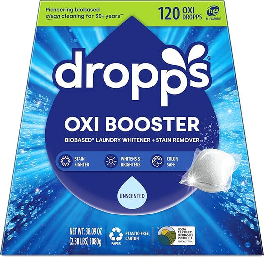 Dropps Oxi Booster Pods, Unscented (120 Pods) - Chlorine-Free Bleach Alternative Biobased Laundry Whitener & Stain Remover for Extra Tough Stains - Fragrance-Free & Hypoallergenic for Sensitive Skin