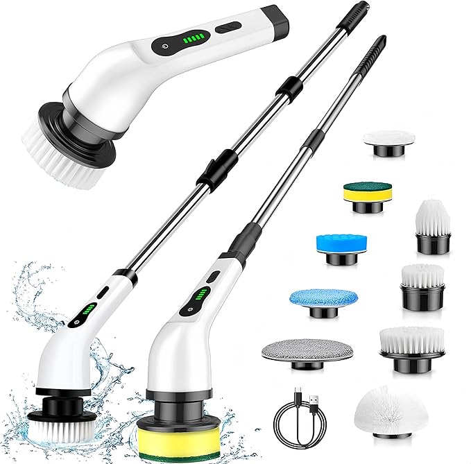 Electric Spin Scrubber - Cordless Cleaning Brush with 9 Attachment Shower and Grout Cleaner, Adjustable Extension Handle, IPX7 Waterproof for Tile Floor Tub Car (White)