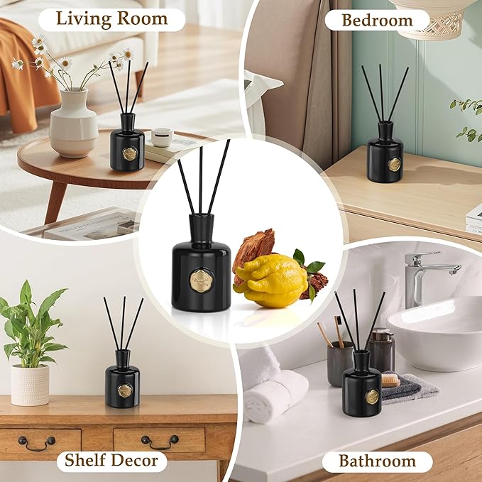 XEPTLE Reed Diffuser Set, 7.04 oz Oud & Bergamot Scent Diffuser with 5 Sticks, Long Lasting Air Freshener, Essential Oil Reed Diffuser for Home, Home Fragrance for Office, Bathroom Shelf Decor, Black