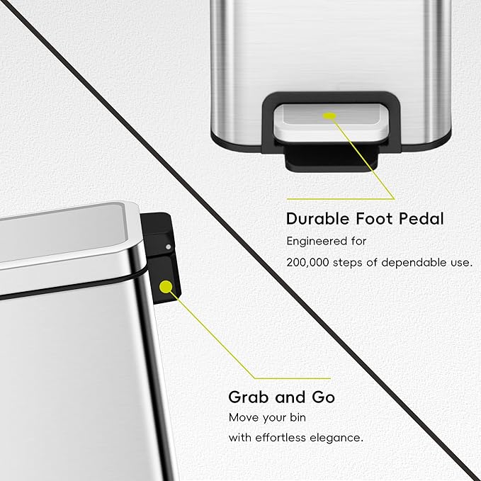 EKO Small Bathroom Trash Can with Lid Soft Close, Step Pedal, 10 Liter / 2.6 Gallon Stainless Steel Garbage Can with Removable Inner Bucket, Anti-Fingerprint Finish (Silver)