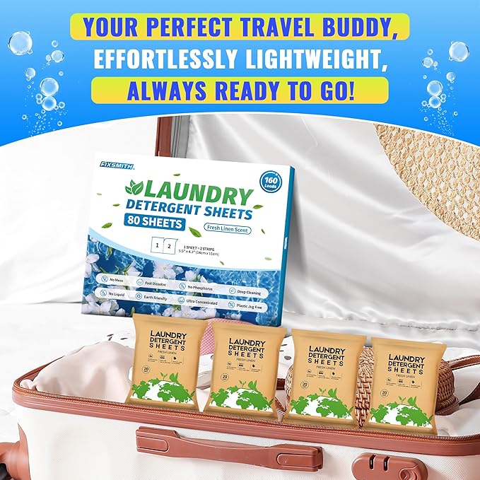 FIXSMITH Laundry Detergent Sheets - 160 Loads (80 Sheets) Fresh Linen Scent - Hypoallergenic,Eco Friendly Laundry Detergent Strips Ultra-Concentrated Travel Detergent Sheets.Plastic-Free,Liquidless.