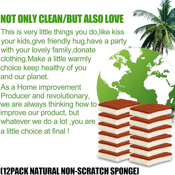 Natural Plant Based Scrub Sponge 12 Pack, Palm Fiber Scrubbing Sponge with Non Scratch Biodegradable Compostable Sponges,Long Lasting No Smell Dishwashing Kitchen Scrubber