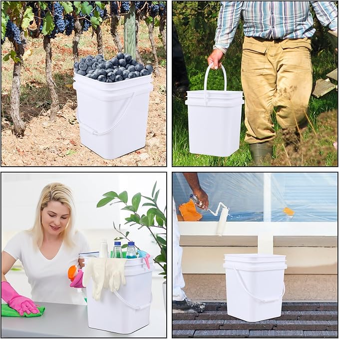 Vababa 5 Gallon Square Bucket White Bucket with Lid, 4 Pcs Plastic Bucket Food Storage Bucket with Handle and Lid