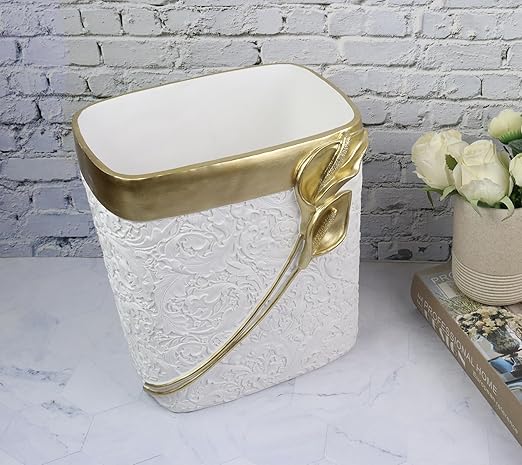 Hymmah Bathroom Trash Can 1.8 Gallon(7 Liter) Small Kitchen Garbage Can,Decor Wastebasket for Bedroom Office,Resin Hand-Carved Colla Lotus White&Gold
