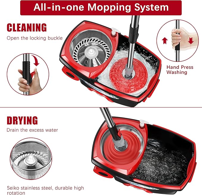 FunClean 360° Spin Mop and Bucket Set with Wringer, 6 Extra Microfiber Heads, 61" Extended Handle for Effortless Floor Cleaning, 2X Wheel Design - Black