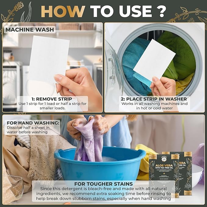 Natural Laundry Detergent & Fabric Softener Sheets | Fragrance-Free & Hypoallergenic | Aloe Vera & Pure Tea Tree Oil | Plant-Based, Biodegradable, Enzyme Powered, Baby-Safe, Eco-Friendly (50 Sheets)