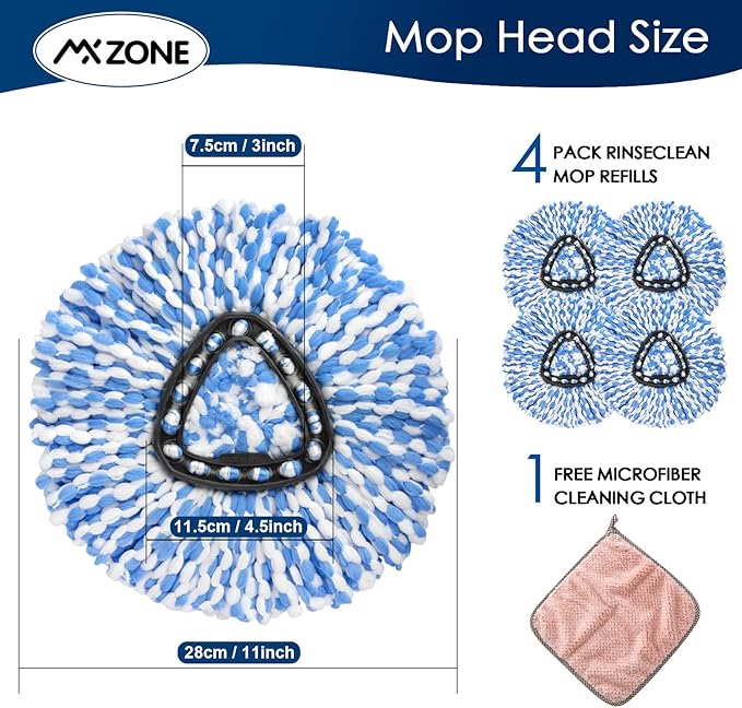 Spin Mop Head Replacement - 4 Pack Microfiber, Blue for O-Ceda Spinning Mop, EasyWring RinseClean, 2 Tank System Bucket