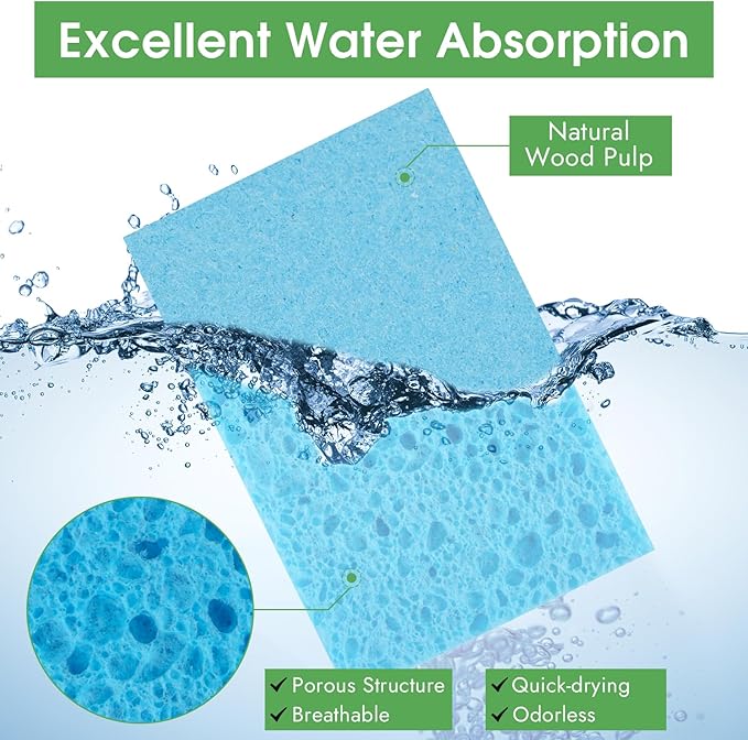 12 PCS Dish Sponges Kitchen, Non Scratch Cleaning Sponge for Non Stick Cookware, Natural Compressed Cellulose Wash Scrub for Household Bathroom, Soft Washing Scrubbers (Blue)