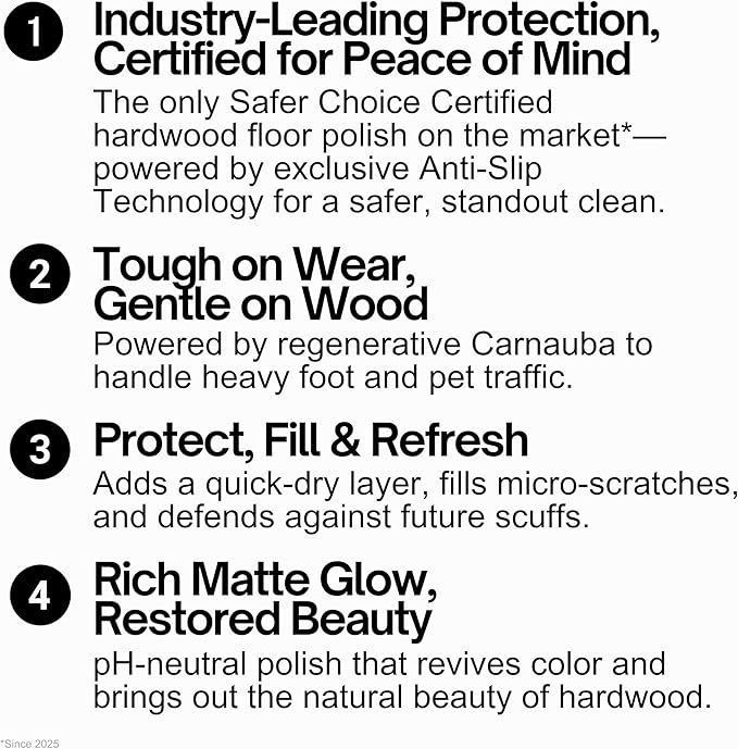 Quick Shine Hardwood Floor Luster-Polish 64oz | Plant-Derived w/Carnauba | Safer Choice, No PFAS, pH Neutral | Ready to Use Formula w/Anti-Slip Technology | Simply Squirt & Spread | Made in USA