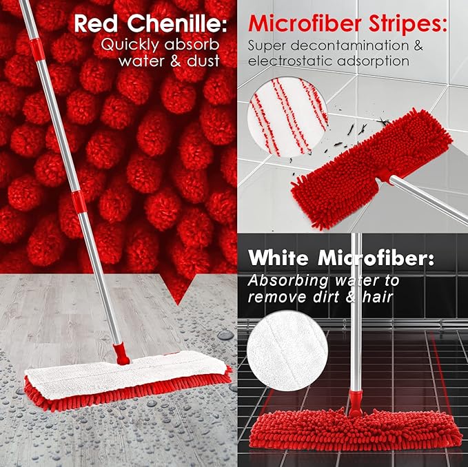 MASTERTOP Microfiber Mop for Floor Cleaning, Hardwood Dust Mop, Wet Mopping with 4 Washable Replacement Mop Pads, Floor Mops for Cleaning with 1 Scraper- White & Red