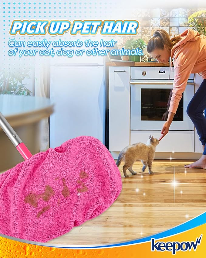 KEEPOW 4 Pack Reusable Mop Pads Compatible with Swiffer Sweeper, Microfiber Washable Pink Swiffer Mop Pads, Dry & Wet Sweeping Mopping Cloths (Pink)