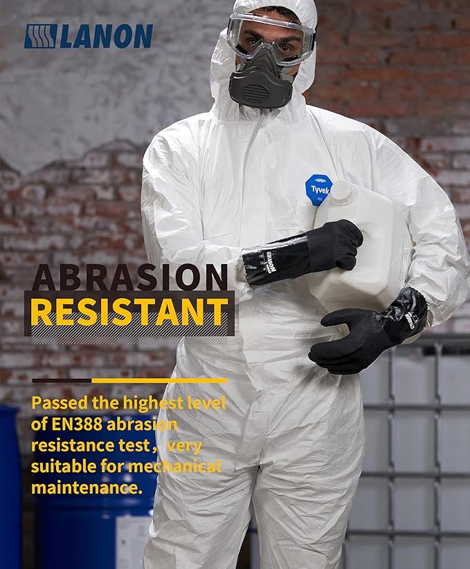 LANON Nitrile Chemical Resistant Gloves, Reusable Heavy-Duty Rubber Gloves with MicroFoam Textured Palm, Acid, Alkali and Oil Protection, Black, XXL