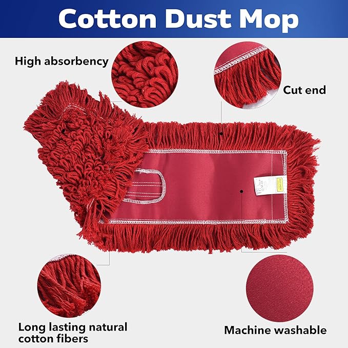 Matthew Cleaning 24'' Industrial Strength Cotton Dust Mop Refill Washable Replacement Heads for Residential & Commercial Use Fit Standard Dust Mop Frames, Hardwood,Concrete Floors Red 6 Pack