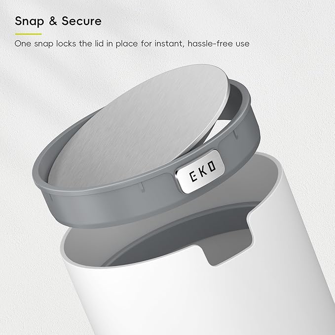 EKO Fandy 0.58 Gal/2.2L Mini Trash Can with Lid, Swing-Top Desktop Trash Can for Bathroom, Countertop, Vanity, Desk or Office, Small Garbage Bin (White)