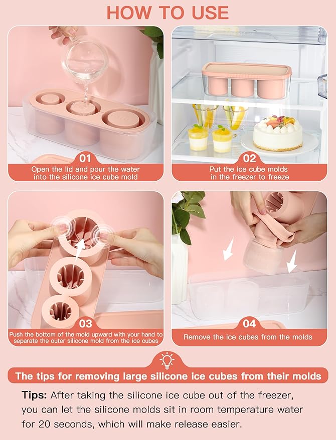 Ice Cube Tray for Tumbler Cup 30Oz-40Oz, 3 Pcs Silicone Cylinder Ice Mold with Lid and Bin for Freezer, Easy Fill and Release Ice Maker for Whiskey, Cocktail BPA-Free