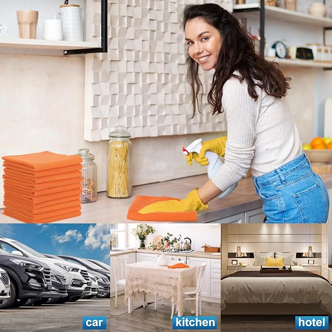 Tenare 100 Pack 12'' x 12'' Microfiber Cleaning Cloths Reusable Cleaning Rags Bulk Microfiber Towels Softer Highly Absorbent Washcloths for House Kitchen Car Window(Orange)
