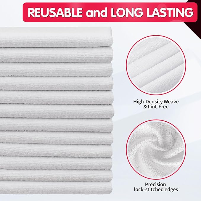 FIXSMITH White Microfiber Cleaning Cloth, Pack of 100, 11.5"X11.5" Cleaning Rags for Housekeeping and Kitchen, Reusable Shop Towels, Microfiber Towels for Cars, Lint Free, Scratch-Free