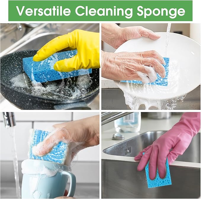 12 PCS Dish Sponges Kitchen, Non Scratch Cleaning Sponge for Non Stick Cookware, Natural Compressed Cellulose Wash Scrub for Household Bathroom, Soft Washing Scrubbers (Blue)