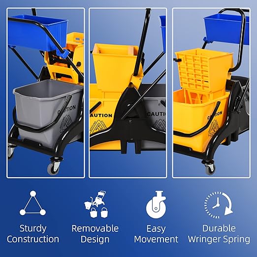 HOMCOM 2 x 6.9 Gallon Mop Water Bucket Wringer Cart with Easy to Use Side Press Wringer, Smooth Wheels, Mop-Handle Holder