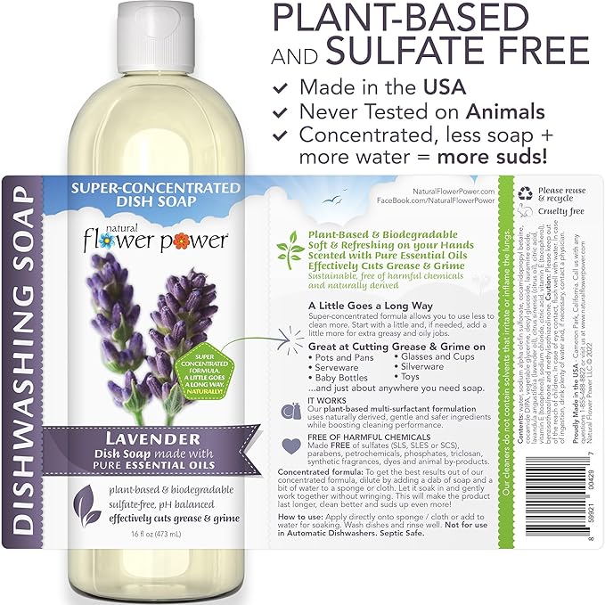 Natural Flower Power - Plant-Derived Dish Soap - Sulfate-Free, Bio-Based, pH-Balanced, Vegan Cleaning Supplies - Variety Pack - Lavender + Lemongrass + Peppermint & Lemon - 3 x 16 oz